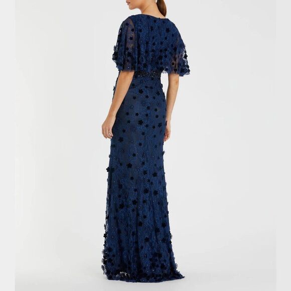 Mac Duggal 67712‎ Size 16 Dark Blue 3D Flowers Floral Lace Long Maxi Dress Gown - Picture 4 of 4